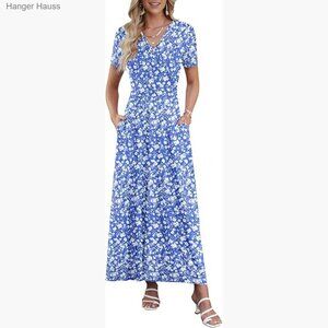 Maxi Dress with Pockets Flowy Wrap V-Neck Ankle Length Casual Beach